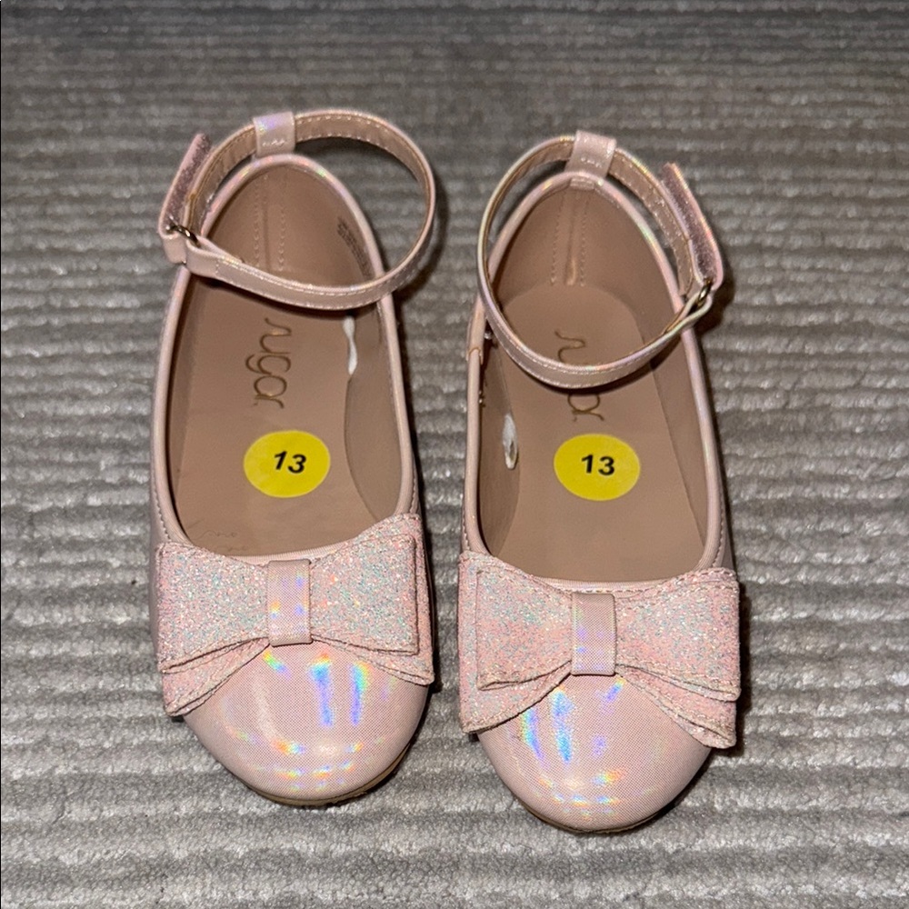 Sugar Pink Sparkly Dress Shoes with Bow and Ankle Straps for Kids, size 13